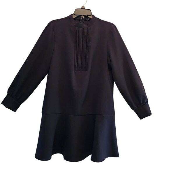 Zara Flare Shift Mini Cocktail Dress Women's Size M Black Long Sleeve Polyester - Picture 2 of 11